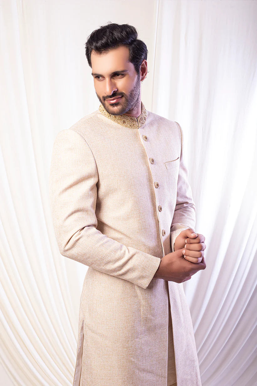 Fawn Hand Embroidered Sherwani