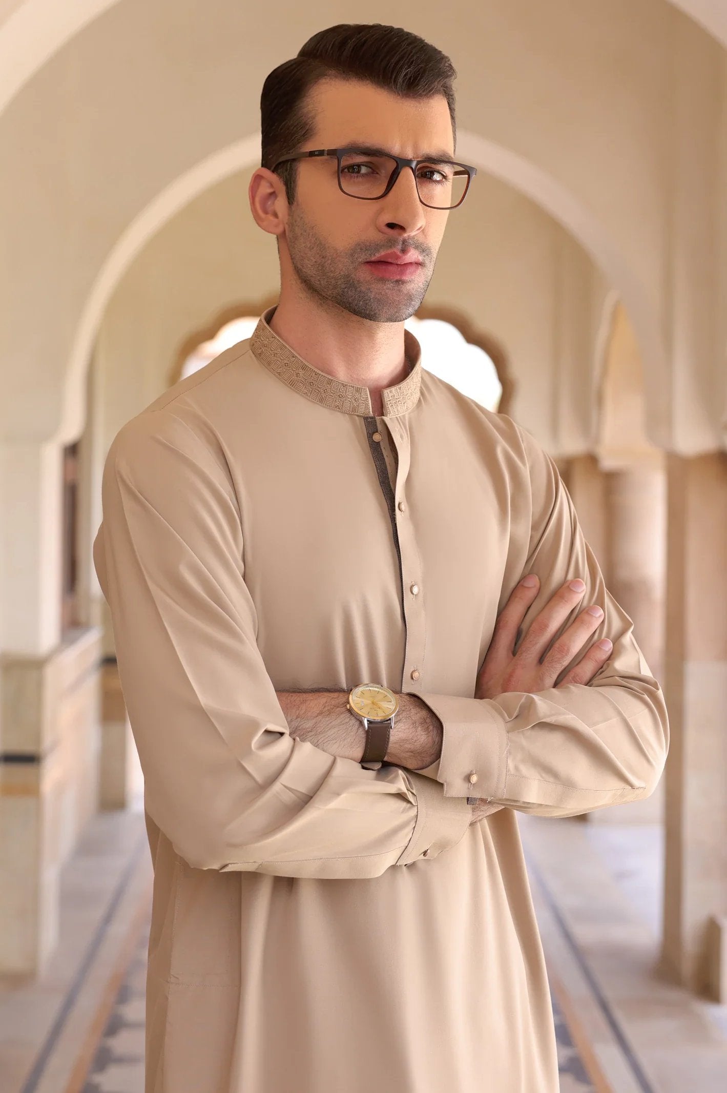 Fawn Shalwar Kameez With Embroidered Collar