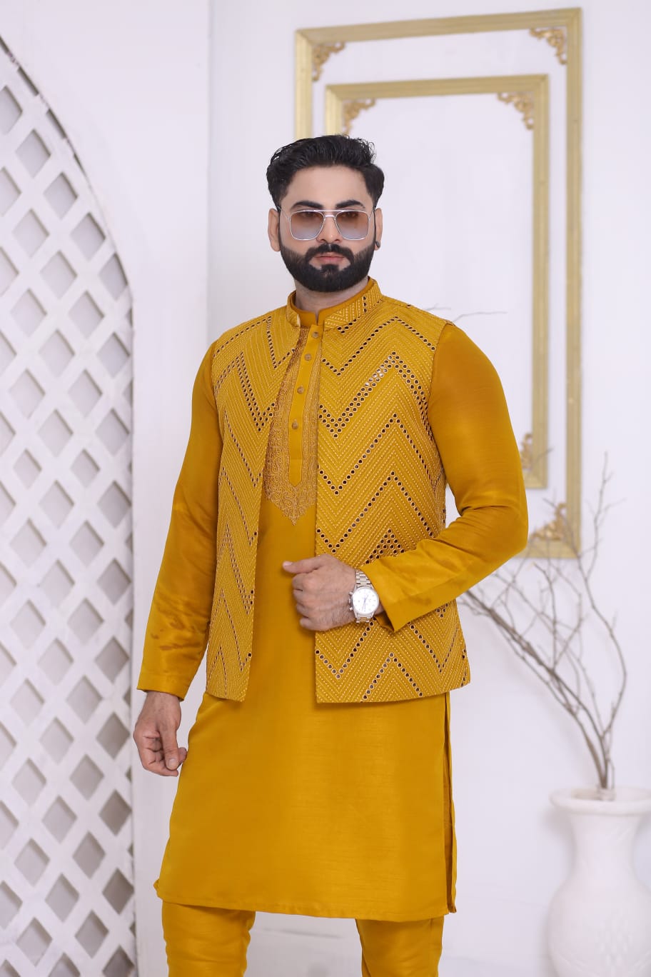 Mustard Embroidered Front Open Waistcoat
