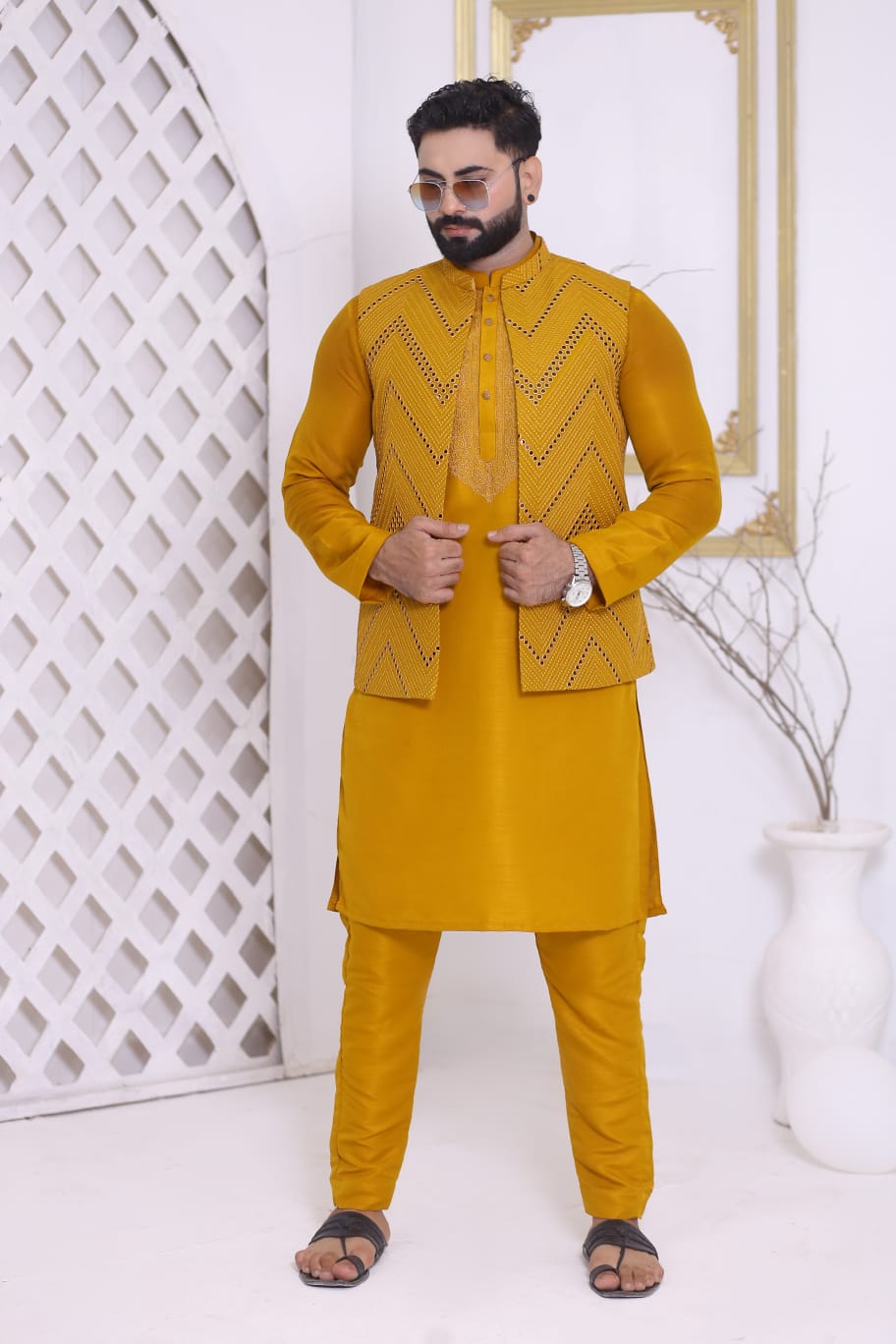 Mustard Embroidered Front Open Waistcoat