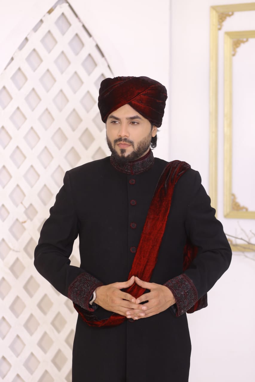 Black Sherwani With Hand Embroidery