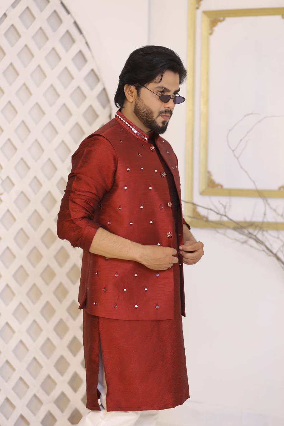 Maroon Mirror Work Waistcoat