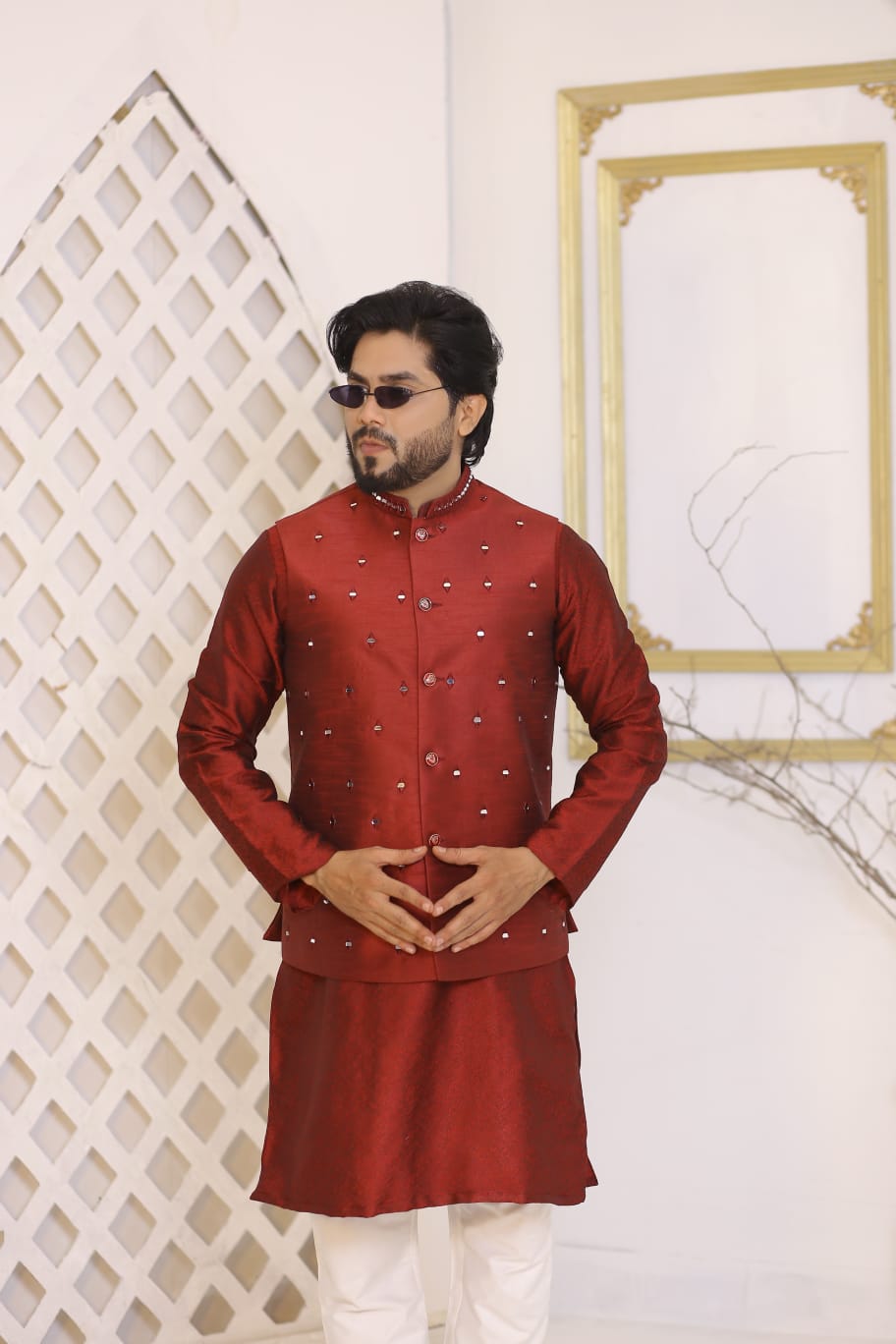 Maroon Mirror Work Waistcoat