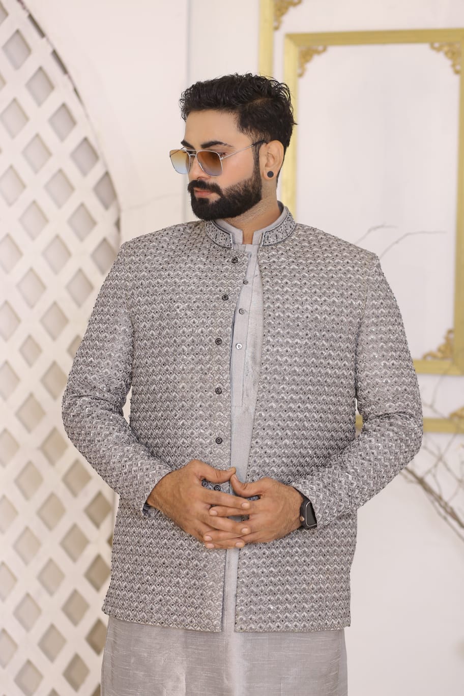 Gray Prince Coat With Kurta Pajama
