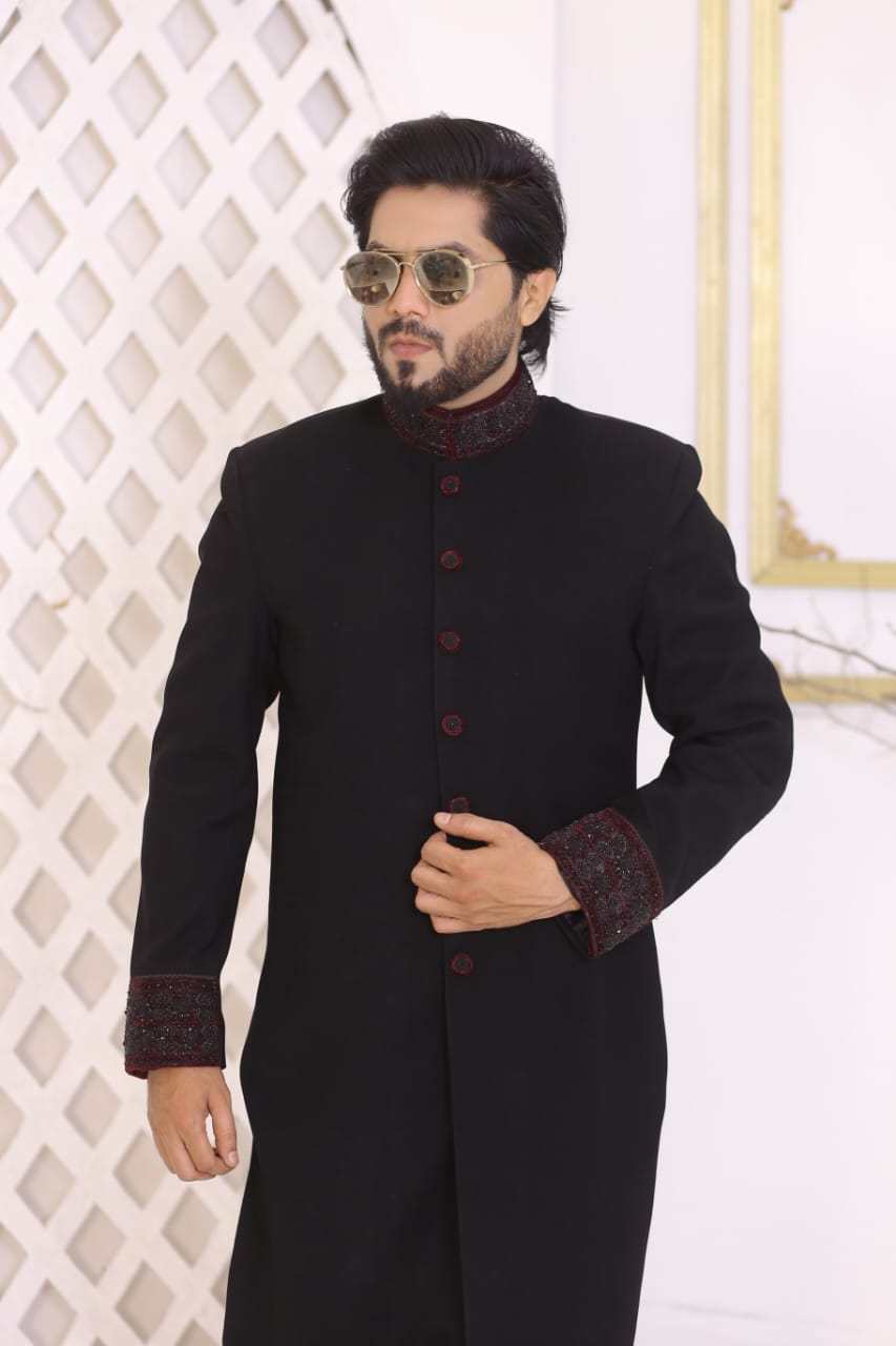 Black Sherwani With Hand Embroidery