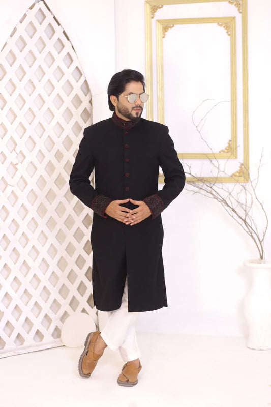 Black Sherwani With Hand Embroidery