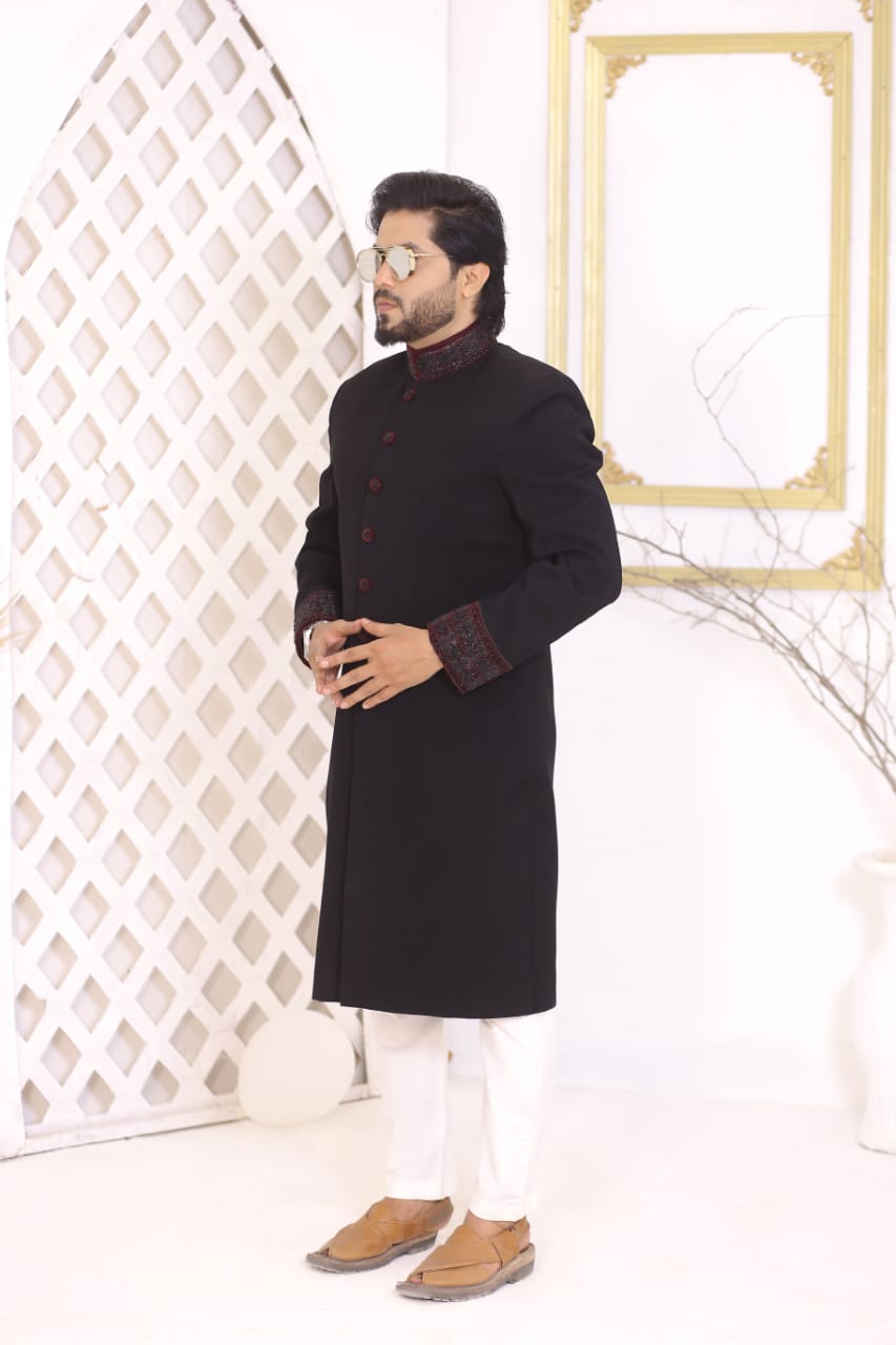 Black Sherwani With Hand Embroidery