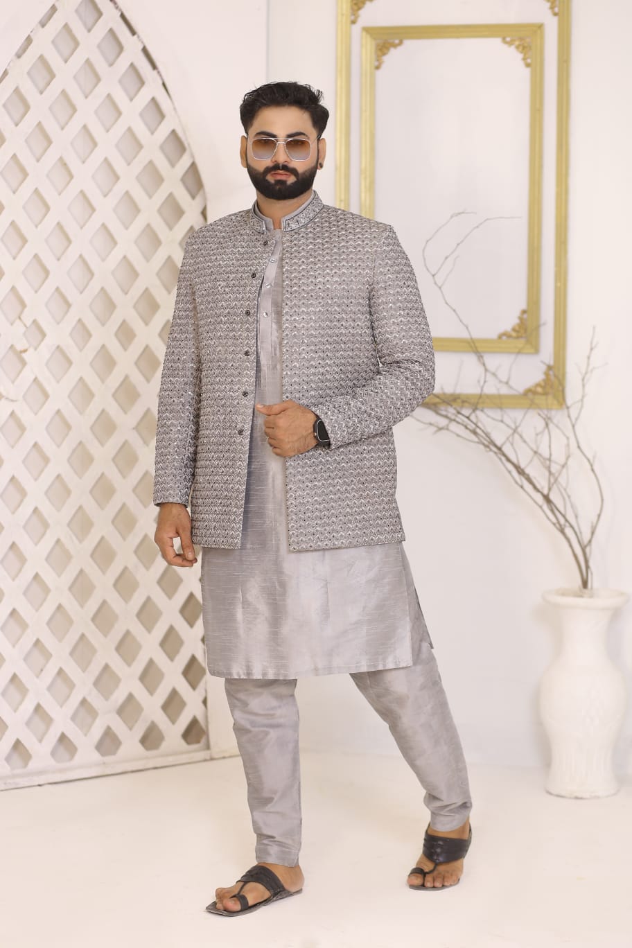 Gray Prince Coat With Kurta Pajama