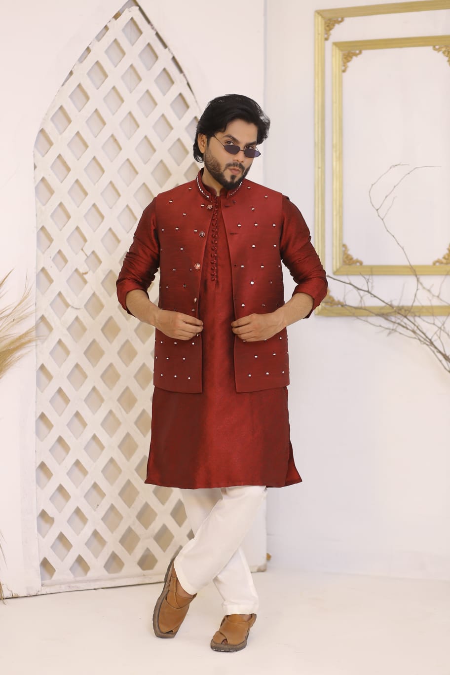 Maroon Mirror Work Waistcoat
