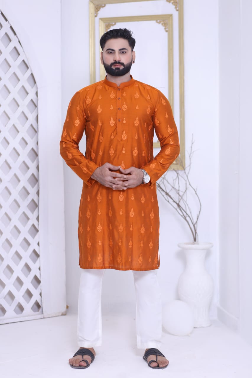 Embroidered Kurta Pajama in Rust Color