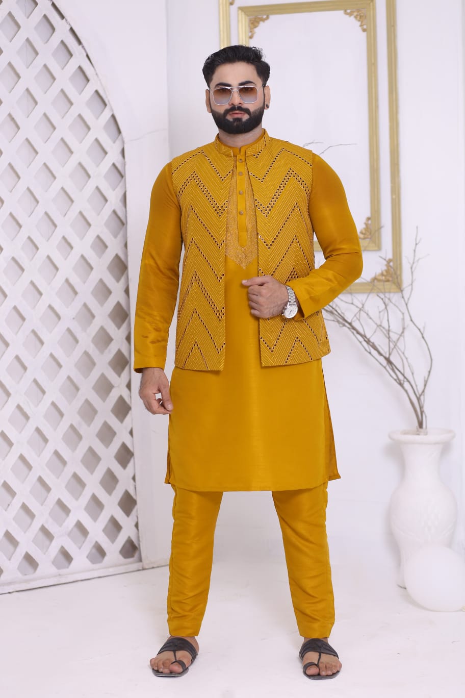 Mustard Embroidered Front Open Waistcoat