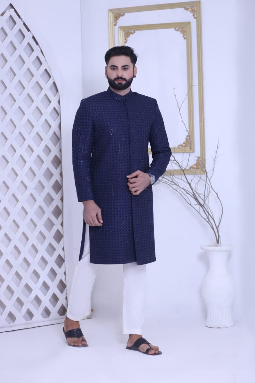 Navy Blue Sherwani With Full embroidery