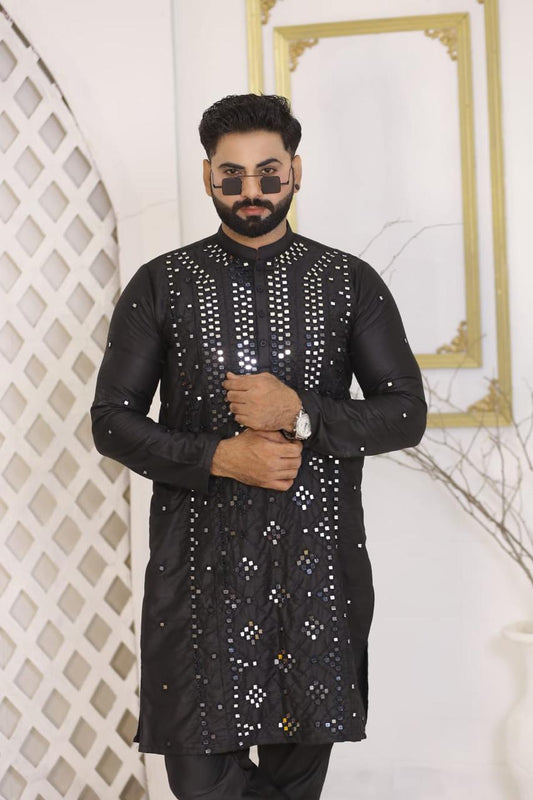 Jet Black Heavy Mirror Work Silk Kurta