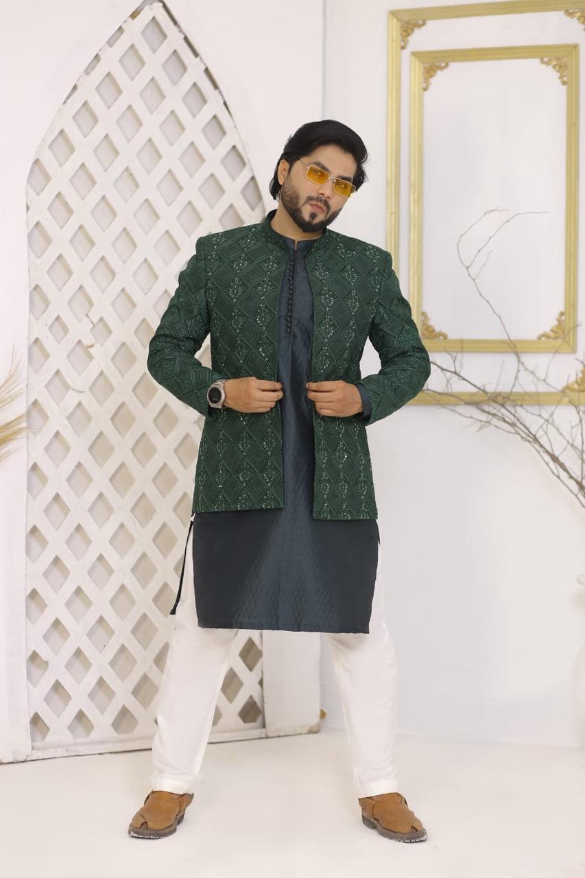 Emerald Green Heavy Sequins & Embroidered Prince Coat