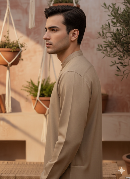 Modern Tan Kurta for Men | Luxury Band Collar Shalwar Kameez