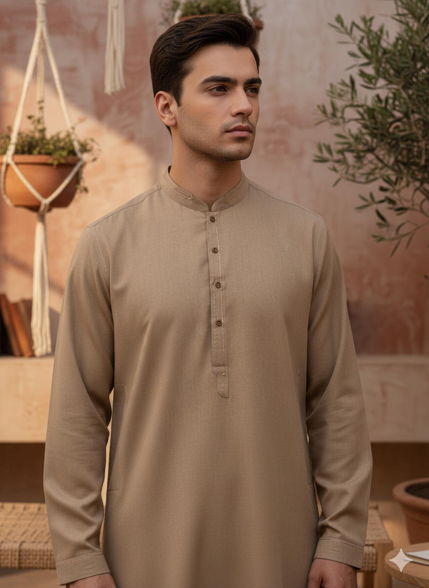 Modern Tan Kurta for Men | Luxury Band Collar Shalwar Kameez