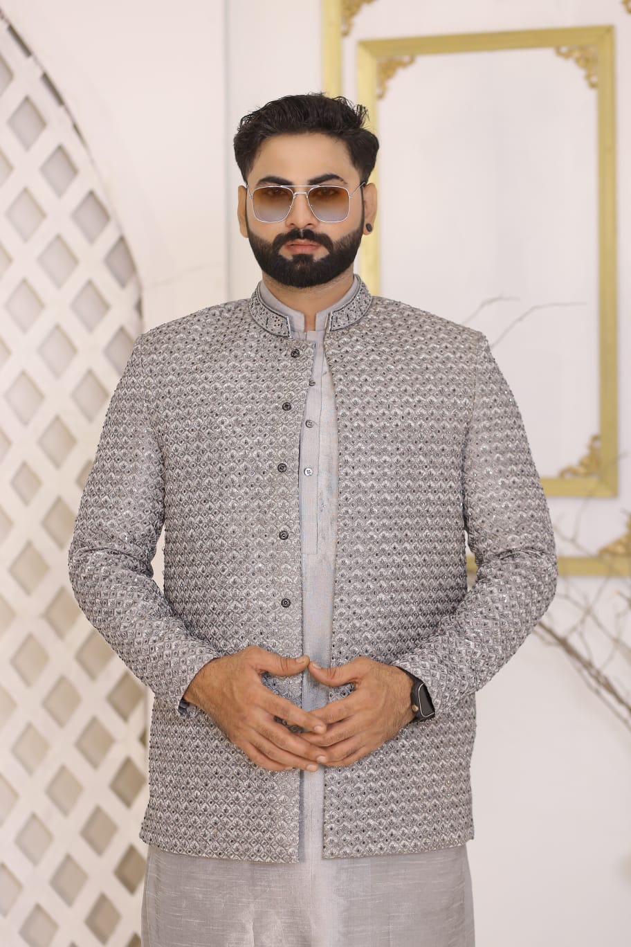 Gray Prince Coat With Kurta Pajama