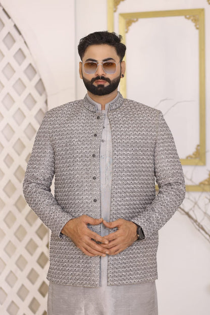 Gray Prince Coat With Kurta Pajama