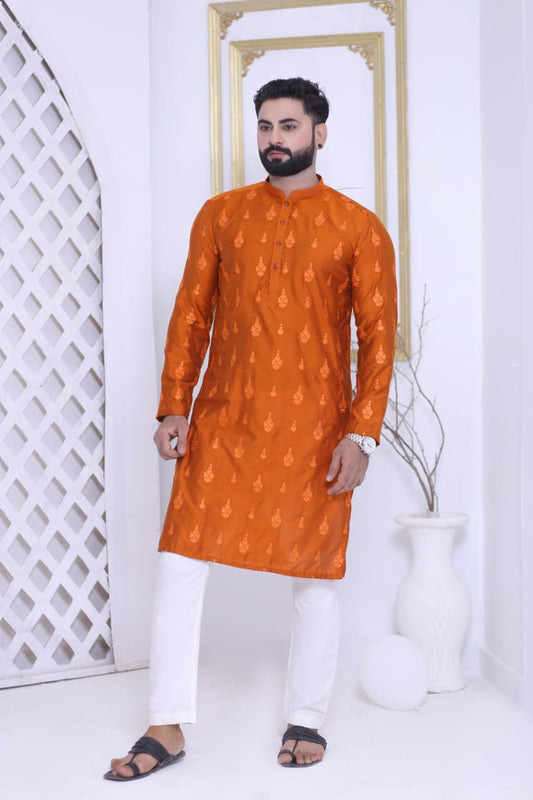 Embroidered Kurta Pajama in Rust Color
