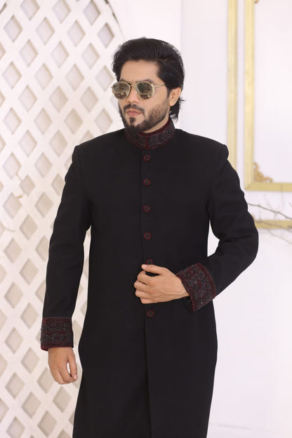 Black Sherwani With Hand Embroidery