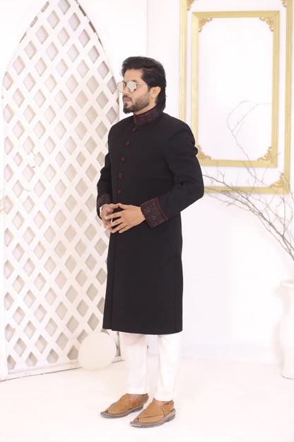 Black Sherwani With Hand Embroidery