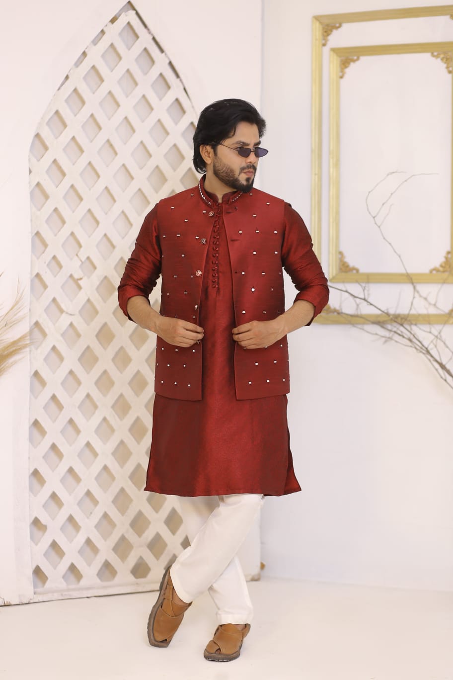 Maroon Mirror Work Waistcoat