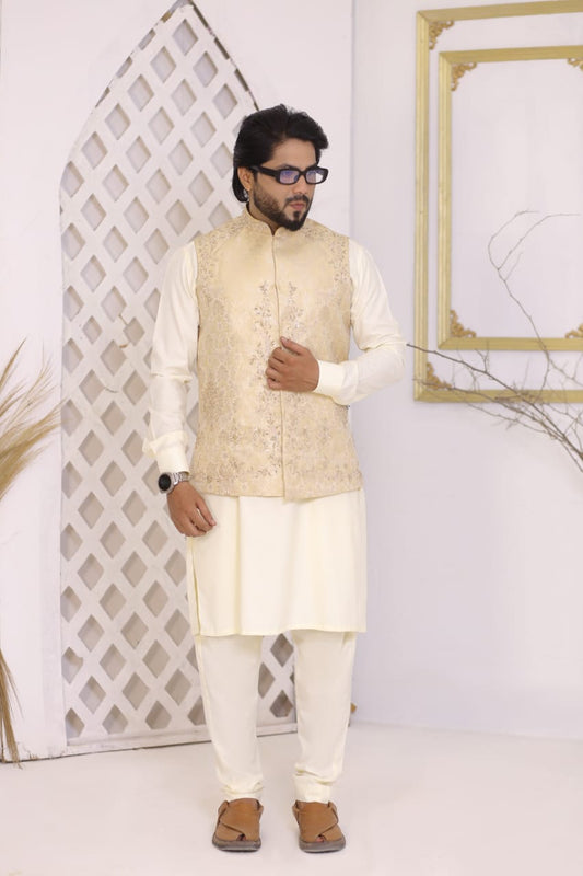 Cream Jamawar Waistcoat
