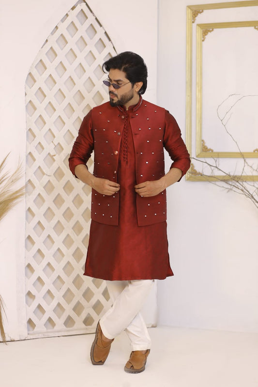 Maroon Mirror Work Waistcoat