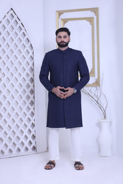 Navy Blue Sherwani With Full embroidery