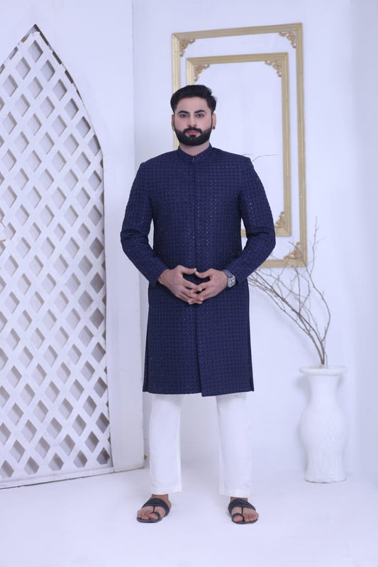 Navy Blue Sherwani With Full embroidery