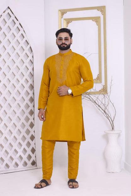 Mustard Yellow Embroidered Neckline Silk Kurta Pajama Set
