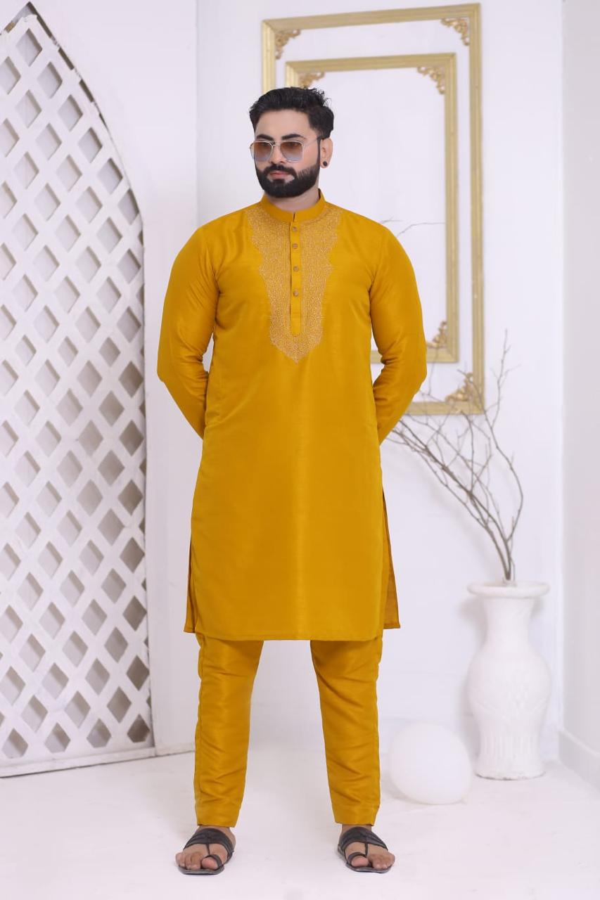 Mustard Yellow Embroidered Neckline Silk Kurta Pajama Set