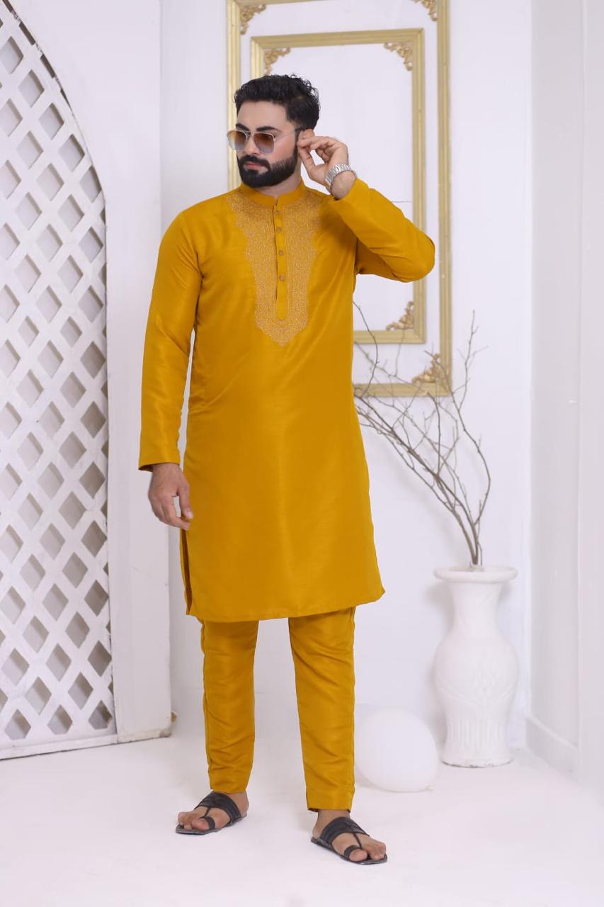 Mustard Yellow Embroidered Neckline Silk Kurta Pajama Set