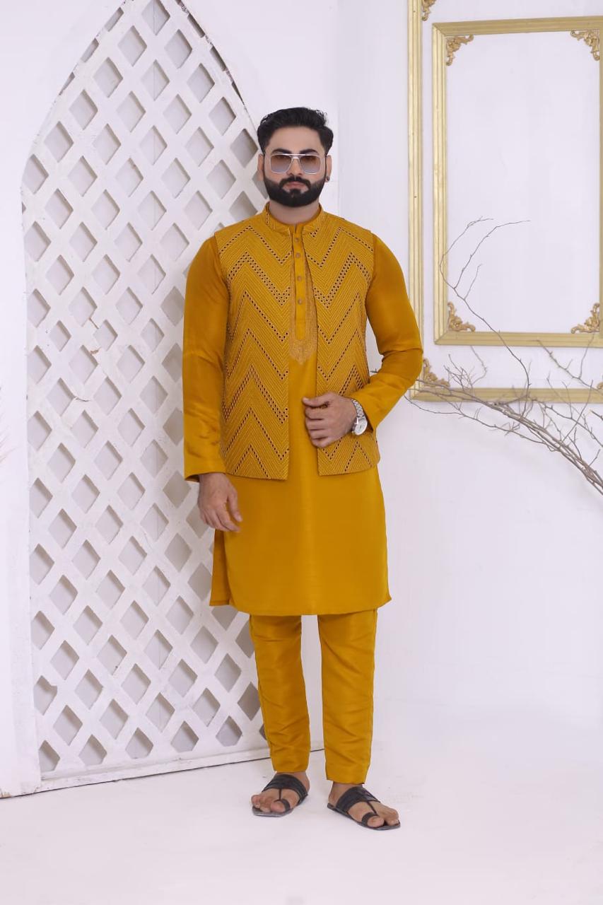 Mustard Yellow Chevron Mirror-Work Designer Waistcoat