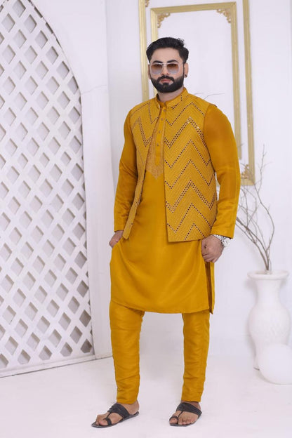 Mustard Yellow Chevron Mirror-Work Designer Waistcoat