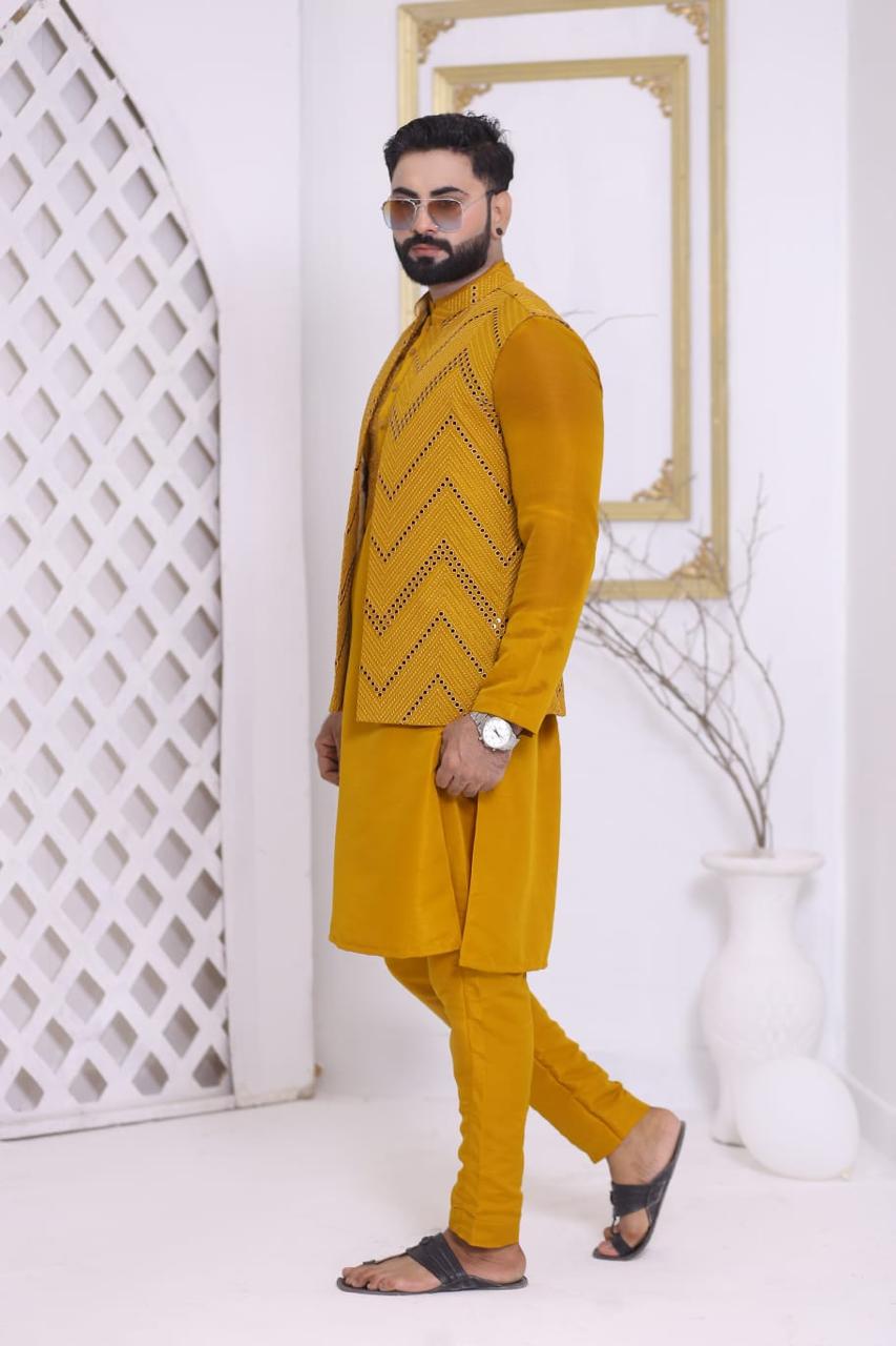 Mustard Yellow Chevron Mirror-Work Designer Waistcoat
