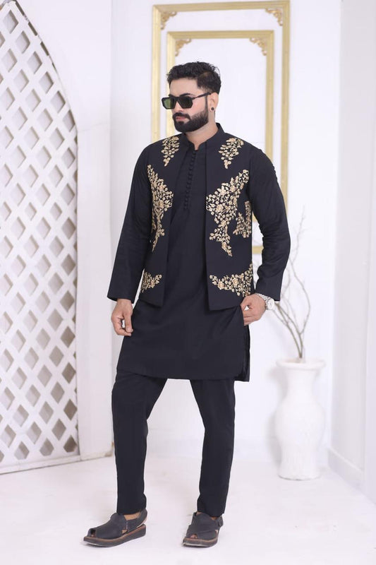 Jet Black Gold Floral Embroidered Designer Waistcoat