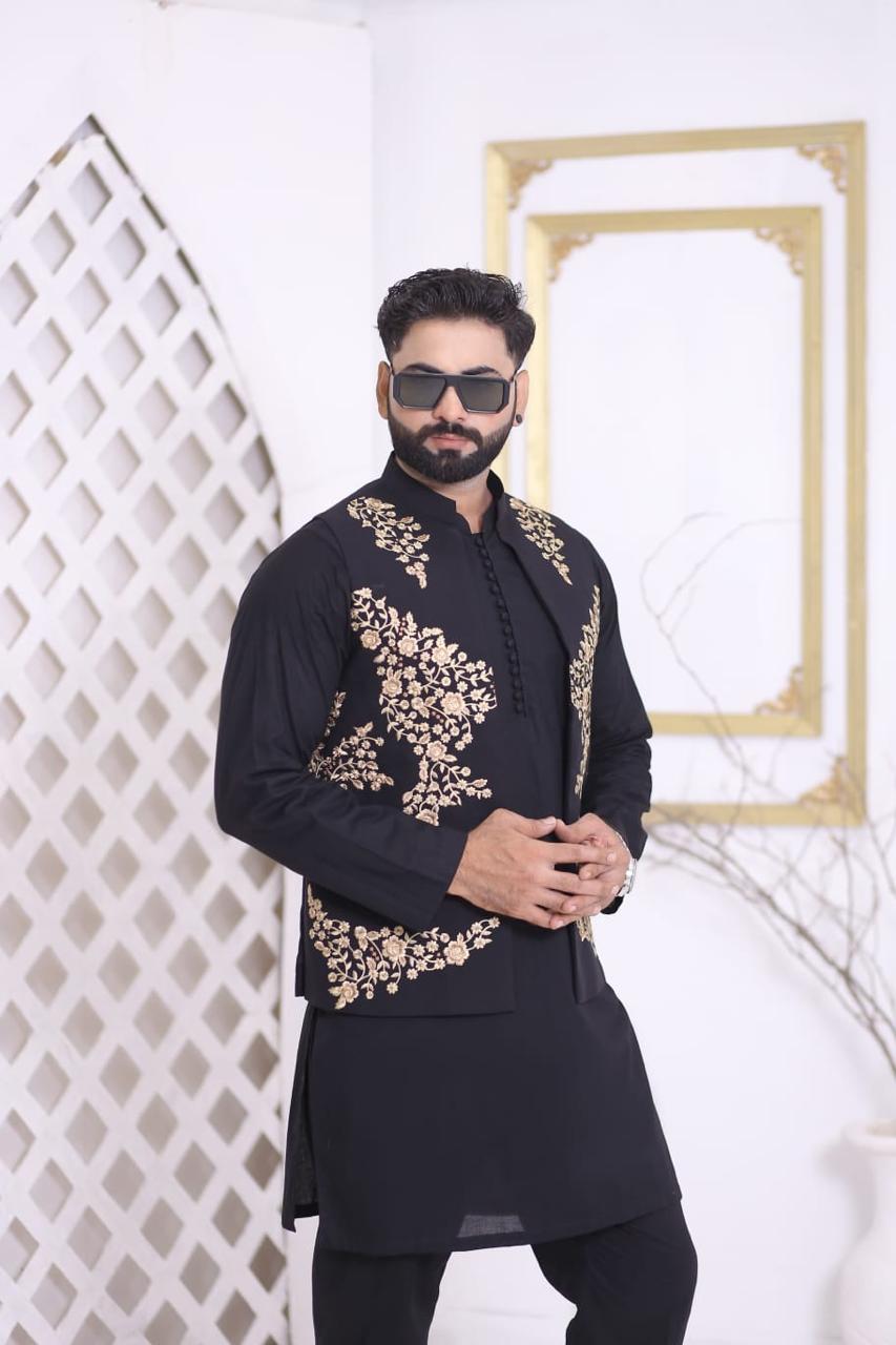 Jet Black Gold Floral Embroidered Designer Waistcoat
