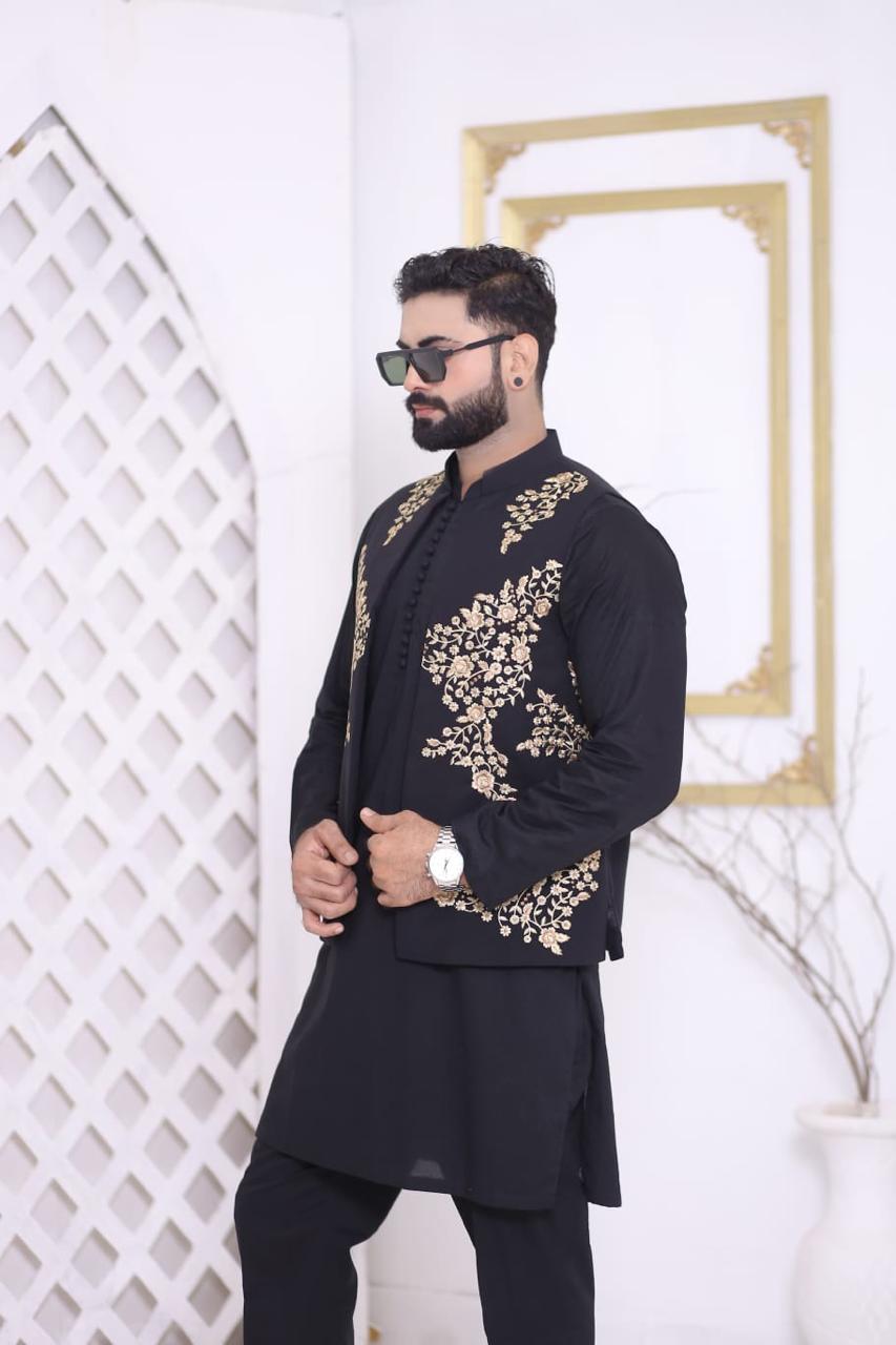 Jet Black Gold Floral Embroidered Designer Waistcoat