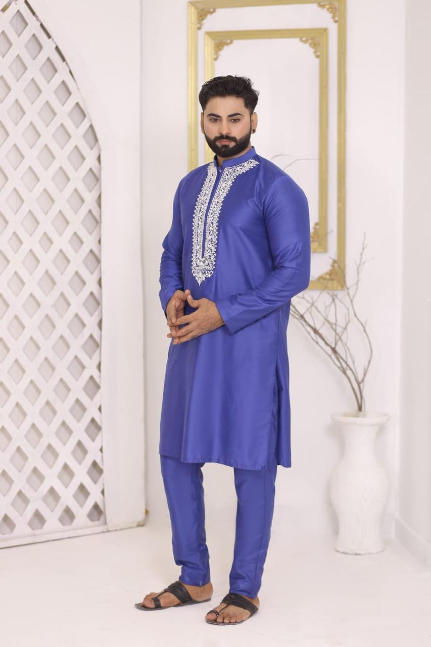 Royal Blue Silk Kurta Pajama Set with Heavy White Neckline Embroidery