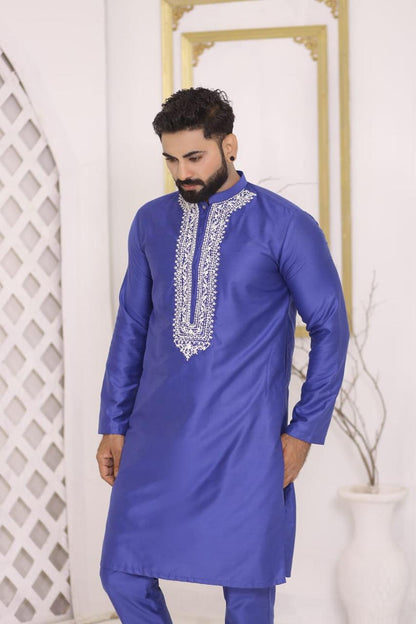 Royal Blue Silk Kurta Pajama Set with Heavy White Neckline Embroidery