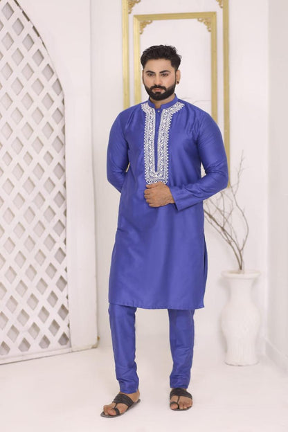 Royal Blue Silk Kurta Pajama Set with Heavy White Neckline Embroidery