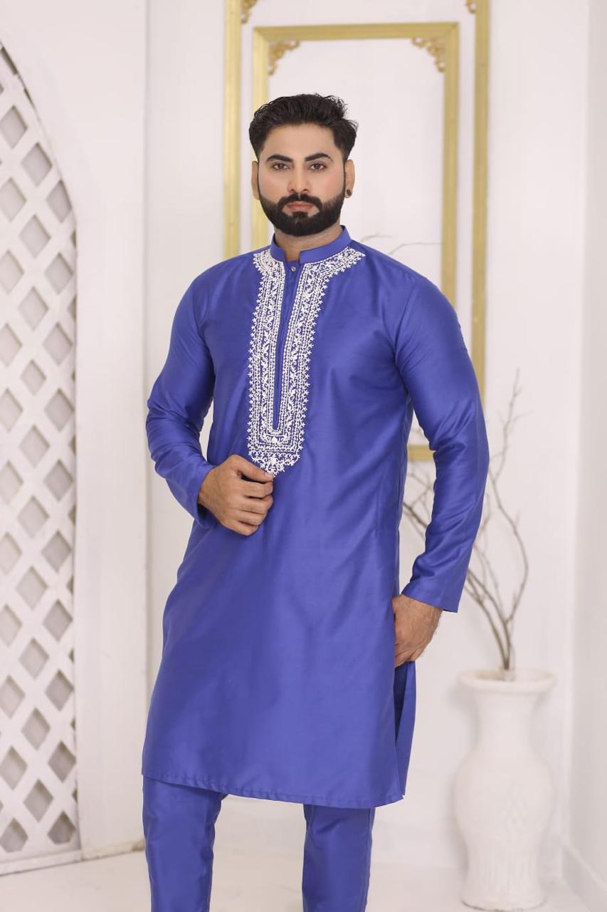 Royal Blue Silk Kurta Pajama Set with Heavy White Neckline Embroidery