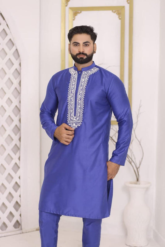 Royal Blue Silk Kurta Pajama Set with Heavy White Neckline Embroidery