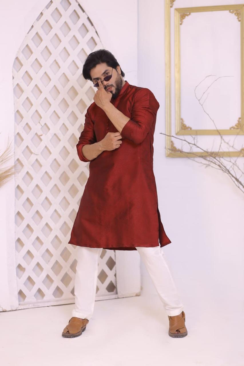 Maroon Raw Silk Designer Kurta