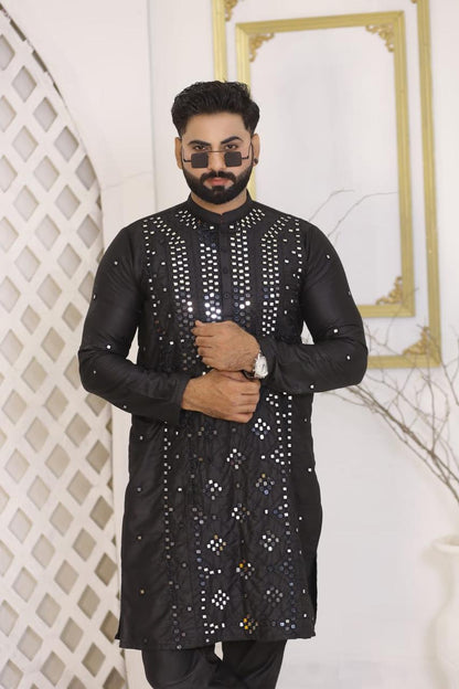 Jet Black Heavy Mirror Work Silk Kurta