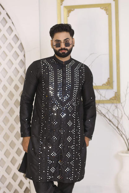 Jet Black Heavy Mirror Work Silk Kurta