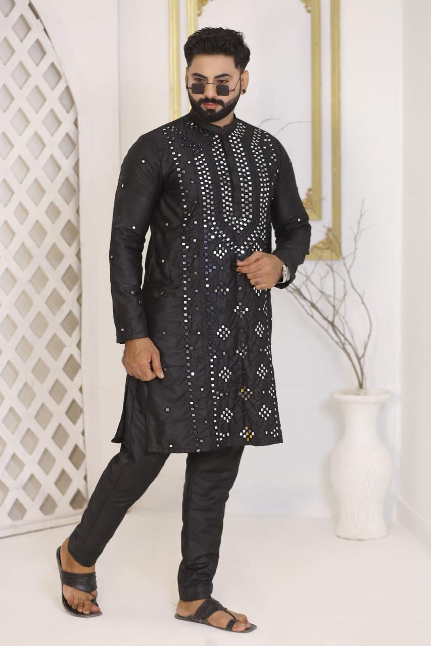 Jet Black Heavy Mirror Work Silk Kurta