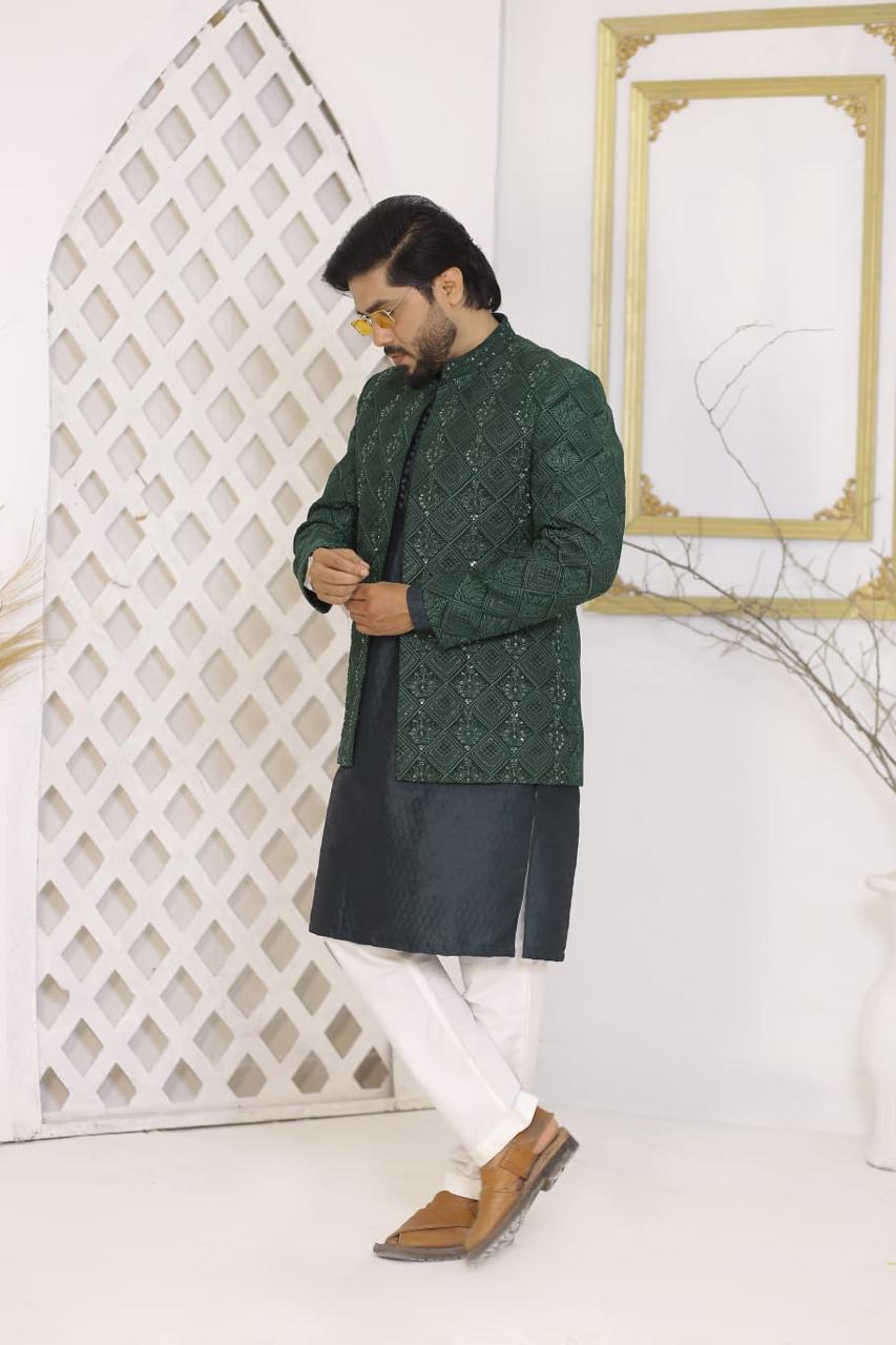 Emerald Green Heavy Sequins & Embroidered Prince Coat