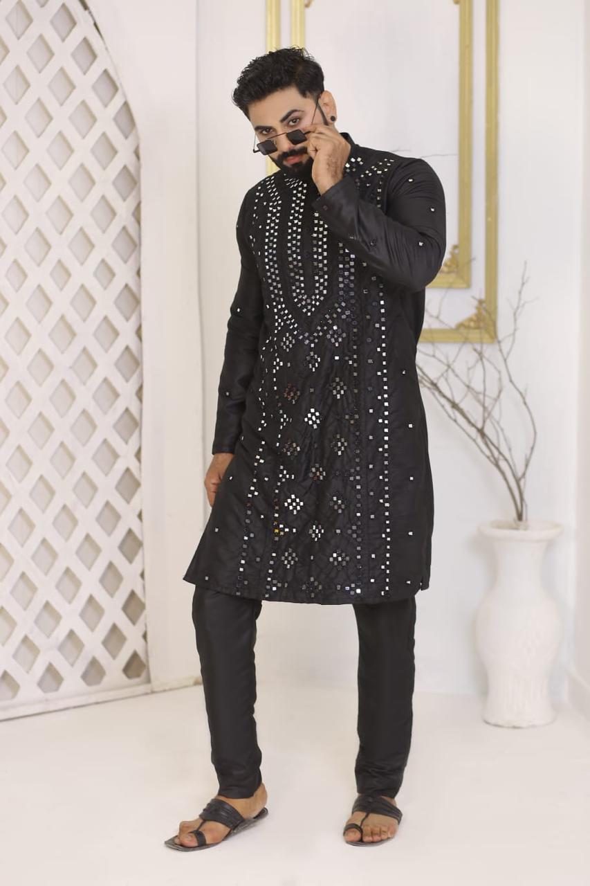 Jet Black Heavy Mirror Work Silk Kurta